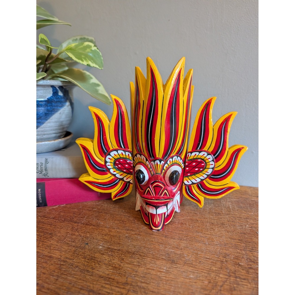 Vtg Sri Lankan Folk Art Raksha Mask Gini Raksha Fire Demon Hand Carved Wood 8"